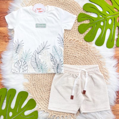 Conj. Camiseta Paradise Collection e Bermuda em Linho - Off White e Areia